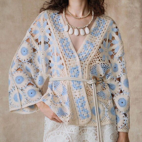 Blue And White Boho Crochet Women's Geometric Cardigan - Picture 6 of 7